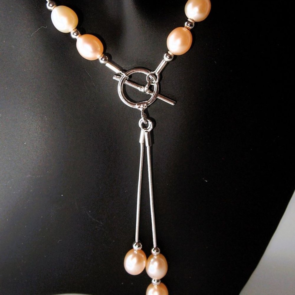 Genuine Peach Color Fresh-Water Pearl - Toggle and Dangle Necklace 16 Inches - Picture 2 of 4